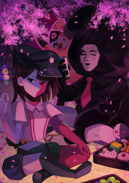 ambiguous_gender bangs black_eyes black_hair blunt_bangs blush blush_lines bob_cut bottomwear breasts cherry_blossom cherry_blossom_tree cherry_tree clothed clothing eyebrows female floating_head flower food fruit_tree group hair hat headgear headwear male multicolored_body not_furry onigiri plant prunus_(flower) red_body rice shirt shrimp_(food) sitting topwear tree two_tone_body white_body white_skin usagimarumei ena:_dream_bbq ena_(series) ena_(dream_bbq) froggy_(ena) moony_(ena) taski_maiden_(ena) ena_(species) felid feline human humanoid mammal digital_media_(artwork) hi_res