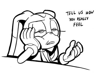 annoyed anthro clothed clothing female furniture table talking_to_viewer text young young_female etchgerbil sega sonic_the_hedgehog_(series) cream_the_rabbit mammal black_and_white english_text monochrome