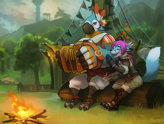 blue_body blue_fur blush duo forest fur hair happy heart_symbol male outside pink_hair plant stable tree haychel breath_of_the_wild nintendo the_legend_of_zelda kass_(tloz) nyaaa_foxx avian bird canid canine fox mammal rito colorful_theme story story_in_description