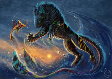 4_toes 5_fingers ambiguous_gender barbel_(anatomy) black_body black_fur black_hair black_pawpads claws day detailed_background digitigrade duo eye_contact feet feral fingers flesh_whiskers forked_tail fur green_claws green_eyes hair hindpaw inner_ear_fluff jumping long_mouth long_tail looking_at_another mane markings multi_eye no_sclera orange_eyes outside pawpads paws side_view sky snout striped_body striped_fur stripes sun tail toes tuft unusual_anatomy unusual_tail water yellow_body flashw aquatic fish mammal unknown_species 2015 detailed digital_media_(artwork) digital_painting_(artwork) painting_(artwork)