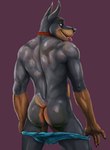 anthro biped black_body black_fur black_nose brown_body brown_fur butt clothed clothing collar collar_only fur looking_back male male_anthro multicolored_body multicolored_fur nude nude_anthro nude_male partially_clothed presenting presenting_hindquarters rear_view short_tail simple_background solo tail tongue tongue_out two_tone_body two_tone_fur underwear underwear_down undressing bleakcat klaus_doberman_(character) canid canine canis dobermann domestic_dog mammal pinscher