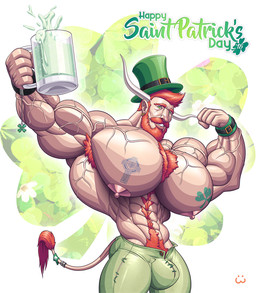areola armpit_hair beard big_areola big_muscles big_pecs body_hair bottomwear bulge celtic_cross chest_tattoo chest_tuft christian_cross christian_symbol clothed clothing clover_(plant) clover_leaf container cross cup ear_piercing ear_ring facial_hair green_eyes hair happy_trail hat headgear headwear holidays horn huge_pecs leaf male mug muscular muscular_male mustache nipples orange_hair pants pecs piercing pink_nipples plant pubes religion religious_symbol ring_piercing shamrock_shake solo tattoo top_hat topless tuft vein veiny_muscles wolfiecanem christianity st._patrick's_day ruaidhri_o'_bainne animal_humanoid bovid bovid_humanoid bovine bovine_humanoid humanoid mammal mammal_humanoid 2018