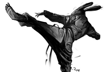 4_toes action_pose ambiguous_gender anthro biped bottomwear clothed clothed_anthro clothing feet fully_clothed fully_clothed_anthro furrowed_eyebrows pose rear_view snout solo toes topwear deriaz lagomorph leporid mammal rabbit 2014 adobe_photoshop_(artwork) alchemy_(artwork) digital_drawing_(artwork) digital_media_(artwork) full-length_portrait greyscale monochrome portrait