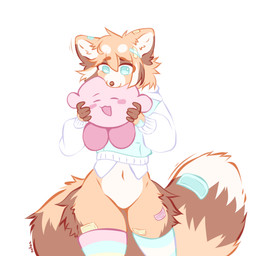 ambiguous_gender anthro bangs blue_eyes brown_nose clothing duo fluffy_thighs hair holding_another hoodie legwear looking_at_another male navel open_mouth open_smile pattern_clothing pattern_legwear pattern_stockings short_hair simple_background smile stockings striped_clothing striped_legwear striped_stockings stripes tail topwear white_background nollya kirby_(series) nintendo kirby ailurid mammal red_panda 1:1 colored_sketch flat_colors hi_res sketch