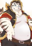 anthro belly blue_eyes bottomwear clothing cute_fangs eyewear fangs glasses kemono male overweight overweight_male pants pink_nose shirt simple_background smile solo teeth topwear white_background shirokumaou lifewonders tokyo_afterschool_summoners licho_(tas) felid mammal pantherine tiger 2025 hi_res