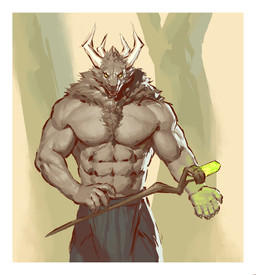 4_horns 5_fingers abs anthro biceps big_muscles border bottomwear chest_tuft claws clothed clothed_anthro clothed_male clothing empty_eyes finger_claws fingers front_view fur glowing head_horn horn levitation looking_at_viewer male multi_horn muscular muscular_anthro muscular_male neck_tuft nipples open_mouth pecs plant simple_background snout solo staff teal_bottomwear teal_clothing teeth tongue_showing topless topless_anthro topless_male tree tuft white_border yellow_background yellow_eyes kingarthur_i deer mammal 2023 digital_drawing_(artwork) digital_media_(artwork) hi_res portrait restricted_palette three-quarter_portrait
