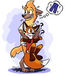 anthro barefoot black_nose blue_bottomwear blue_clothing blue_pants blush bodily_fluids bottomwear briefs brown_body brown_fur canid canine clothed clothing confusion covering covering_crotch duo embarrassed feet fox fur geekfox geekfox_(character) humiliation male male_anthro mammal maned_wolf open_mouth orange_body orange_fur pants pantsless question_mark red_clothing red_shirt red_topwear shirt signature sweat tallboy_tony teeth_showing thought_bubble tighty_whities topwear underwear white_body white_briefs white_clothing white_fur white_shirt white_topwear white_underwear
