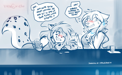 alcohol anthro arm_support bar beverage blush breasts chest_tuft cleavage clothed clothing dialogue dress drunk duo ear_piercing female flirting fur holding_glass holding_object jewelry leaning leaning_forward leaning_on_edge leaning_on_elbow markings necklace nervous one_eye_closed open_mouth open_smile piercing sign smile spots spotted_body spotted_fur substance_intoxication text tuft conditional_dnp tom_fischbach twokinds kathrin_vaughan raine_silverlock canid canine canis felid hybrid keidran mammal pantherine wolf 2022 adobe_photoshop_(artwork) digital_media_(artwork) english_text hi_res monochrome restricted_palette sketch