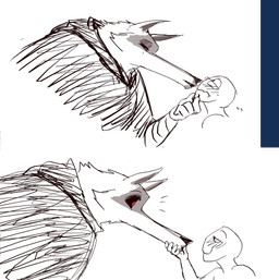 ambiguous_gender anthro armband black_nose black_sclera blush claws cloak clothing duo facial_markings fluffy head_markings male markings mask_(marking) pointy_ears poncho prick_ears red_eyes shocked surprised ultimatellurker dreamworks puss_in_boots_(franchise) anon death_(puss_in_boots) canid canine canis human mammal wolf hi_res