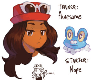 blue_body brown_body brown_eyes brown_hair brown_skin clothing duo eyebrows eyelashes eyewear female feral hair hat headgear headwear mouth_closed pupils simple_background sunglasses text wearing_hat white_background white_pupils white_sclera yellow_sclera flavia-elric nintendo pokemon serena_(pokemon) amphibian froakie frog generation_6_pokemon human mammal pokemon_(species) 2019 digital_media_(artwork) english_text hi_res