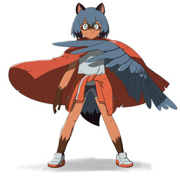 anthro black_body black_fur black_hair black_nose blue_body blue_eyes blue_feathers blue_fur blue_hair brown_body brown_fur clothed clothing feathered_wings feathers female fingers fluffy fluffy_tail footwear fur hair humanoid_face multicolored_body multicolored_fur multicolored_hair shoes smile solo species_transformation standing tail topwear transformation wings tzc_(pixiv) brand_new_animal studio_trigger michiru_kagemori canid canine hybrid mammal raccoon_dog tanuki 1:1 hi_res
