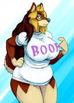 anthro big_breasts black_nose blonde_hair bottomless breasts brown_body brown_eyes brown_fur brown_hair canid canine canis clothed clothing colored domestic_dog female fur gesture hair hand_gesture hand_on_hip hi_res hladilnik huge_breasts mammal multicolored_hair pointing pointing_at_self slightly_chubby smile solo two_tone_hair wally_(itswintersartblog)