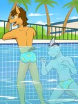 anthro bulge clothed clothing duo male navel nipples outside palm_tree partially_submerged plant speedo speedo_only swimming_pool swimwear topless tree underwater water fuze texnatsu ian_dela_cruz mond_reyes canid canine canis coyote fish mammal marine shark 3:4 hi_res