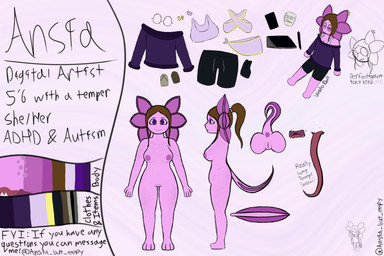 anthro anus areola bottomwear brown_hair butt clothing doll eyewear female footwear freckles genitals glasses hair hyper hyper_tongue nipples piercing pink_body purple_eyes sandals shoes shorts simple_background solo tail text tongue vulva ansia_(artist) ansia_(character) amphibian aquatic axolotl mole_salamander salamander 2025 3:2 absurd_res english_text hi_res model_sheet