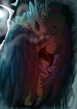 after_sex ambiguous_feral ambiguous_gender anthro bestiality bleeding_out blood blood_from_mouth blood_in_mouth blood_on_face blood_on_hand blue_eyes blue_nose bodily_fluids brown_hair chest_wound cold cuddling cum duo excessive_cum excessive_genital_fluids feathers female female/ambiguous female_anthro female_on_feral feral genital_fluids gore hair multicolored_body multicolored_feathers prosthetic prosthetic_arm prosthetic_limb snow temperature_play teratophilia wounded pankallisti circe_(pankallisti) mammal murid murine peryton rat rodent hi_res