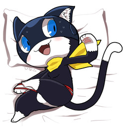 anthro bed black_body black_fur blue_eyes blush bodily_fluids briefs bulge chibi clothing clothing_pull dipstick_tail fur furniture kerchief male markings mask one_leg_up open_mouth pillow raised_leg solo sweat sweatdrop tail tail_markings underwear underwear_pull white_body white_fur hinako_iroiro atlus megami_tensei persona_(series) persona_5 sega morgana_(persona) domestic_cat felid feline felis mammal tuxedo_cat 1:1 2019 digital_media_(artwork)
