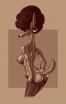 1970s 2019 afro annoyed anthro breasts butt canid canine canis clothed clothing digital_media_(artwork) ear_piercing ear_ring erect_nipples female jackal long_body long_neck long_snout looking_at_viewer mammal nibhaaz nipples piercing ring_piercing side_boob simple_background skinny_female small_waist snout solo topless undressing