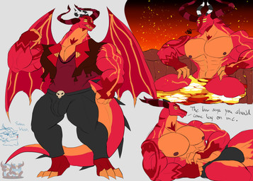 anthro bulge clothing curved_horn dialogue flexing horn lava lava_bath lying male solo solo_focus text daikuhiroshiama hellaverse helluva_boss mythology alabaster_(daikuhiroshiama) satan_(helluva_boss) demon demon_dragon dragon mythological_creature mythological_scalie scalie absurd_res english_text hi_res sketch_page