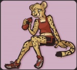 anthro biped bottle bottomwear breasts clothed clothing container female footwear fur green_eyes open_mouth shirt shoes shorts simple_background sitting solo spots tank_top topwear water_bottle yellow_body yellow_fur ricket cheetah felid feline mammal 2013