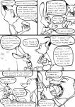 anthro black_and_white buckteeth canid canine clothed clothing comic dialogue disney duo ears_back eating english_text eric_schwartz eyes_closed female food fox half-closed_eyes hi_res judy_hopps lagomorph leporid male mammal monochrome narrowed_eyes nick_wilde open_mouth pivoted_ears rabbit red_fox sandwich_(food) sharp_teeth simple_background smile teeth text true_fox white_background zootopia