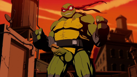 bandage belt city clothing cracks detailed_background erection fist genitals gloves grin hand_wraps handwear kerchief looking_at_genitalia looking_at_penis male mask missing_tooth muscular muscular_male nude orange_sky penis presenting shell sky smile solo standing wind wraps third-party_edit unknown_artist teenage_mutant_ninja_turtles raphael_(tmnt) reptile scalie turtle hi_res