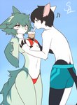 anthro beverage breast_grab breasts bubble_tea clothing duo female hand_on_breast kemono male male/female small_breasts swimwear siamkhan hands-free_bubble_tea custom_ink domestic_cat felid feline felis mammal hi_res meme