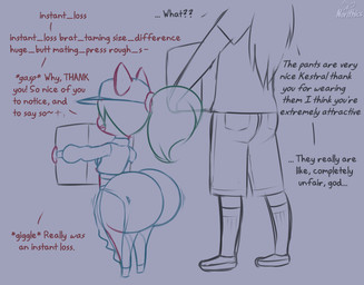 anthro big_butt bottomwear box butt clothed clothed_anthro clothed_female clothed_male clothing container dialogue duo ellipsis exclamation_point female female_anthro hair hat headgear headwear holding_box holding_container holding_object huge_butt larger_male loli male open_mouth pants ponytail shirt size_difference smaller_female text topwear young young_anthro young_female norithics kestral_spectra mammal procyonid raccoon 2026 digital_media_(artwork) english_text monochrome