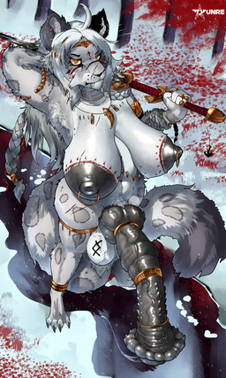 4_toes accessory amber_eyes anthro areola balls belly big_areola big_balls big_breasts big_nipples black_areola black_knot black_nipples black_penis breasts cock_ring curvy_figure erection feet flared_penis fluffy fluffy_tail fur genitals glistening glistening_areola glistening_breasts glistening_genitalia glistening_knot glistening_nipples glistening_penis gynomorph hair hand_behind_head high-angle_view huge_areola huge_breasts huge_flare huge_nipples hybrid_genitalia hybrid_penis hyper hyper_areola intersex jewelry knot knotted_penis long_hair looking_at_viewer markings medial_ring medial_ringed_hybrid_penis melee_weapon mostly_nude multiple_cock_rings navel nipple_piercing nipples penis penis_accessory penis_jewelry piercing slightly_chubby slightly_chubby_anthro slightly_chubby_gynomorph slightly_chubby_intersex solo spiked_penis spikes spikes_(anatomy) spots spotted_body sword tail thick_thighs toes tribal tribal_markings vein veiny_penis voluptuous weapon white_balls white_body white_breasts white_fur white_hair tyunre freyja_(heliocintrini) felid mammal pantherine snow_leopard 2026 3:5 digital_media_(artwork) hi_res