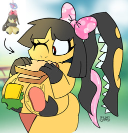 accessory anthro big_breasts black_hair bodily_fluids bow_ribbon breasts cheese dairy_products dropped_food eating eating_food eyelashes fangs female food hair hair_accessory hair_bow hair_ribbon holding_food holding_object huge_breasts keychain lettuce messy_eater nipples nude nude_anthro nude_female one_eye_closed plant plushie red_eyes ribbons saliva saliva_on_tongue sandwich_(food) solo teeth thick_thighs tongue tongue_out vegetable yellow_body filthycottonart unfortu-nate don't_attack_me_mawile nintendo pokemon generation_3_pokemon mawile pokemon_(species) 2026 digital_media_(artwork) hi_res reference_image