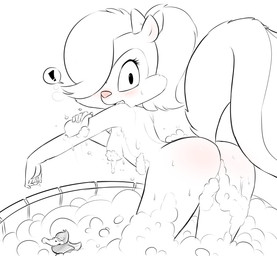 accessory anthro bath blush bow_ribbon breasts butt convenient_censorship exclamation_point female hair_accessory hair_bow hair_ribbon looking_at_viewer looking_back nude pink_nose presenting presenting_hindquarters ribbons rubber_duck soap solo water tenshigarden tiny_toon_adventures warner_brothers fifi_la_fume mammal mephitid skunk striped_skunk 2015 censored digital_drawing_(artwork) digital_media_(artwork) hi_res monochrome
