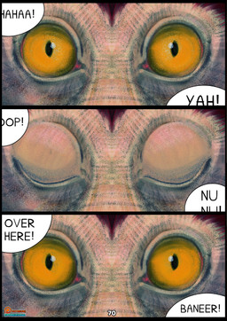 ambiguous_form ambiguous_gender dialogue eyes_closed fur language_barrier red_body red_fur solo speech_bubble text yellow_eyes spoogiehowl patreon haplorhine mammal monkey primate 2025 comic digital_media_(artwork) digital_painting_(artwork) english_text hi_res painting_(artwork)