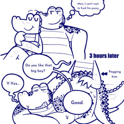 andromorph andromorph/male anthro butt butt_grab duo hand_on_butt intersex intersex/male lying_on_ground male on_ground profanity resting_on_shoulder sex sex_toy simple_background size_difference strapon strapon_sex text toying_partner white_background dowaku_01 investigators_(book) daryl_(investigators) mango_(investigators) alligator alligatorid crocodile crocodilian reptile scalie 1:1 blue_and_white english_text hi_res monochrome