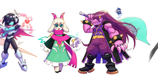 ambiguous_gender ambiguous_humanoid armor axe black_body blue_body blue_hair blue_skin claws clothing dress female green_clothing green_dress group hair hooves horn machine male melee_weapon pink_body pink_skin purple_hair scarf sword weapon white_body wings yellow_eyes drawloverlala capcom deltarune mega_man_(series) mega_man_zero undertale_(series) kris_dreemurr lancer_(deltarune) ralsei roaring_knight susie_(deltarune) cyber_elf humanoid robot robot_anthro robot_humanoid 2025 absurd_res digital_media_(artwork) hi_res