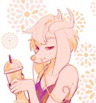 abstract_background anthro beverage closed_smile clothed clothing eyelashes female floppy_ears hair holding_beverage holding_object mouth_closed narrowed_eyes short_hair slight_smile smile solo topwear sonyan bust_portrait portrait restricted_palette signature