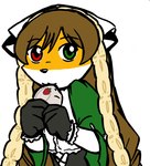 anthro bodice brown_hair clothing eyebrow_through_hair eyebrows female food fruit green_eyes hair headgear headkerchief headwear heterochromia kerchief parody plant red_eyes solo strawberry translucent translucent_hair taski rozen_maiden furseiseki_(character) canid canine fox mammal low_res