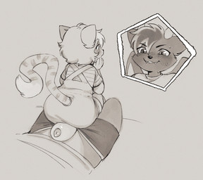 age_difference animal_genitalia anthro anthro_on_anthro clothed clothing diaper diaper_under_clothing duo eyebrows genitals hair horn male male/male on_lap overalls penis sheath sitting_on_lap sitting_on_penis tail unaware_hotdogging wearing_diaper young young_anthro young_male niichan cheddar_(littlecheddar) dae_(daemon808) domestic_cat felid feline felis mammal hi_res monochrome