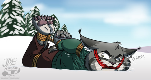 angry anthro bdsm bondage bottomwear bound brown_bottomwear brown_clothing brown_pants cleave_gag clothing gag gagged green_clothing green_sweater green_topwear hogtied male onomatopoeia pants restraints rope rope_bondage snow snowy_landscape solo sound_effects sweater text topwear twitching_eye jde10 disney zootopia pawbert_lynxley canada_lynx felid feline lynx mammal hi_res