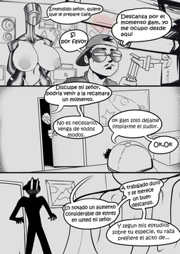 1_eye areola backwards_cap backwards_hat big_breasts blush blush_lines breasts clothing door duo facial_hair female hat headgear headwear lines_on_body male master mustache navel nipples speech_bubble text welding welding_goggles don_george ben_10 cartoon_network alien galvanic_mechamorph human humanoid mammal absurd_res comic hi_res spanish_text translated
