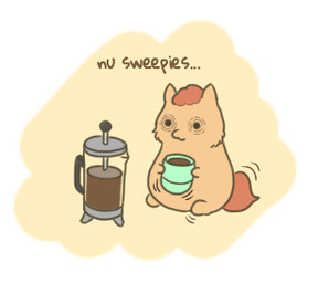 ambiguous_feral ambiguous_gender baby_talk beverage brown_hair brown_tail chibi coffee coffee_mug container cup dialogue featureless_hands featureless_legs feral fur hair holding_coffee_mug holding_container holding_cup holding_mug holding_object motion_lines mug orange_body orange_fur shaking simple_background sitting solo tail text tired young young_ambiguous young_feral carpdime fluffy_pony fluffy_pony_(species) mammal digital_media_(artwork) english_text flat_colors low_res