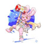 anthro blush clothed clothing cup_bun diaper hammer hi_res lagomorph leporid long_ears male mammal on_one_leg paws rabbit smile solo standing teeth tongue tools warrior wearing_diaper