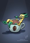 ambiguous_gender anthro bathing beverage coffee coffee_cup container cup eating micro relaxing simple_background solo text stirren kobold scalie hi_res url male_(lore)