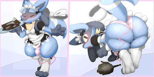 3_toes anthro bent_over big_butt blue_body blue_fur blush bodily_fluids butt candy chocolate clothed clothing crossdressing dessert eyes_closed feet femboy food fur hair legwear looking_at_viewer looking_back maid_uniform male open_mouth panties sex_toy simple_background smile solo standing sweat teeth thick_thighs thigh_highs toes tongue underwear uniform vibrator backsash nintendo pokemon canid canine generation_4_pokemon lucario mammal pokemon_(species) 2020 absurd_res digital_media_(artwork) hi_res
