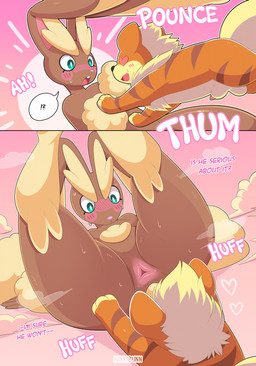ambiguous_gender ambiguous_on_feral animal_genitalia anthro anthro_on_feral anus balls bestiality blush bodily_fluids cloud_emanata dialogue emanata embarrassed featureless_crotch feral genitals heart_eyes heart_symbol male male/ambiguous penis penis_tip pounce sheath sweat sweatdrop text nikkibunn nintendo pokemon gunther_(mating_season) canid canine generation_1_pokemon generation_4_pokemon growlithe lagomorph lopunny mammal pokemon_(species) 2025 comic english_text hi_res multiple_scenes watermark