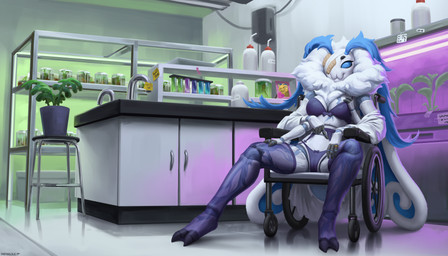 2_fingers 2_toes 3_fingers 4_arms antennae_(anatomy) anthro arthropod_abdomen bandage big_antennae biped black_clothing black_underwear blacklight blue_eyes bottle bra breasts camel_toe clothing coat compound_eyes container detailed_background digit_ring exoskeleton eye_patch eyewear feet female fingers furniture garter_belt garter_straps hand_on_breast hand_on_leg hand_on_thigh insect_wings jewelry lab_coat laboratory laboratory_equipment legwear lepidopteran_wings lingerie looking_at_viewer missing_eye multi_arm multi_limb panties photo plant plant_pot post-it_note potted_plant ring ruff scar scientific_instrument sitting solo spread_legs spreading stockings stool text toes topwear underwear vehicle wedding_ring wheelchair white_body wings sadnicole eris_voltia-softcoat arthropod insect lepidopteran moth 7:4 artist_name hi_res