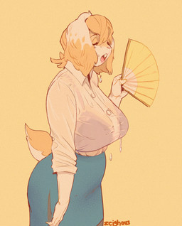 anthro belly big_breasts biped bodily_fluids bra_through_clothing breasts buckteeth butt clothed clothing collared_shirt dress_shirt eyes_closed female female_anthro floppy_ears formal_wear fully_clothed fur hair heat_(temperature) holding_fan huge_breasts monotone_background multicolored_body multicolored_ears multicolored_fur open_mouth orange_body orange_ears orange_fur orange_hair orange_tail scut_tail shirt short_tail side_view simple_background slightly_chubby solo standing sweat sweatdrop tail teeth topwear translucent translucent_clothing translucent_topwear two_tone_body two_tone_ears two_tone_fur two_tone_tail wet wet_clothing wet_topwear white_body white_clothing white_ears white_fur white_shirt white_topwear yellow_background zeighous lilith_(zeighous) lagomorph leporid mammal rabbit 2024 digital_media_(artwork) hi_res portrait three-quarter_portrait