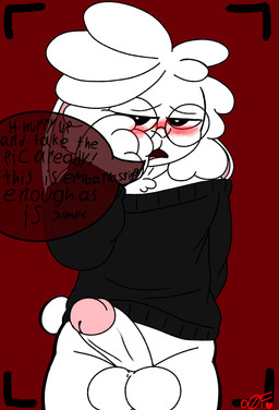 anthro black_clothing black_shirt black_topwear blush camera_view clothing covering covering_face dialogue embarrassed erection eyewear femboy fluffy fluffy_hair fur genitals glasses hair humanoid_genitalia humanoid_penis male off_shoulder_shirt penis shirt solo topwear white_body white_fur shy_zangoose oliver_(adude54) lagomorph leporid mammal rabbit absurd_res hi_res