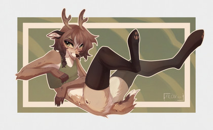 animal_ears anthro antlers black_clothing black_legwear black_thigh_highs braided_hair brown_body brown_fur clothing confident digitigrade fangs fluffy fluffy_tail footwear fur geometric_background green_clothing green_eyes green_shirt green_topwear hair horn legwear lying male on_back pawpads paws picture_frame pupils shirt short_hair simple_background slit_pupils smile smirk socks solo suggestive tail tank_top teasing teeth thigh_highs topwear white_body white_fur filoubee apple_wildhart(hybrid) digital_media_(artwork) hi_res