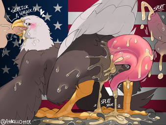 avian_feet blush blush_lines bodily_fluids brown_body brown_feathers butt cloacal_penis cum cum_drip cum_in_cloaca cum_in_mouth cum_in_throat cum_inside cum_on_face cum_on_penis disembodied_penis dripping ejaculation excessive_cum excessive_genital_fluids feathers fellatio fellatio_from_feral feral flag flag_background foreskin genital_fluids genitals group heart_symbol holidays humanoid_genitalia humanoid_penis leaking_cum male male/male onomatopoeia oral penile penis penis_size_difference prehensile_penis presenting presenting_hindquarters presenting_penis sex solo_focus sound_effects surrounded_by_penises sweat tail tail_feathers tapering_penis text white_body white_feathers wings asmallotter 4th_of_july accipitrid accipitriform avian bald_eagle bird eagle human mammal sea_eagle hi_res