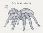 :3 asking asking_viewer dialogue emoticon fangs female feral heart_reaction heart_symbol looking_at_viewer questioning_tone simple_background solo talking_to_viewer teeth text yakovlev-vad hasbro my_little_pony arachnid arthropod equid equine horse hybrid mammal pony spider spiderpony english_text monochrome