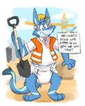 anthro armor blue_body blue_fur blush clean_diaper clothed clothing dialogue diaper embarrassed eyewear fur glasses hard_hat headgear helmet holding_object holding_shovel holding_tool male pantsless shirt shovel solo speech_box standing text tools topwear wearing_diaper rawrrie mythology dragon mythological_creature mythological_scalie scalie english_text hi_res